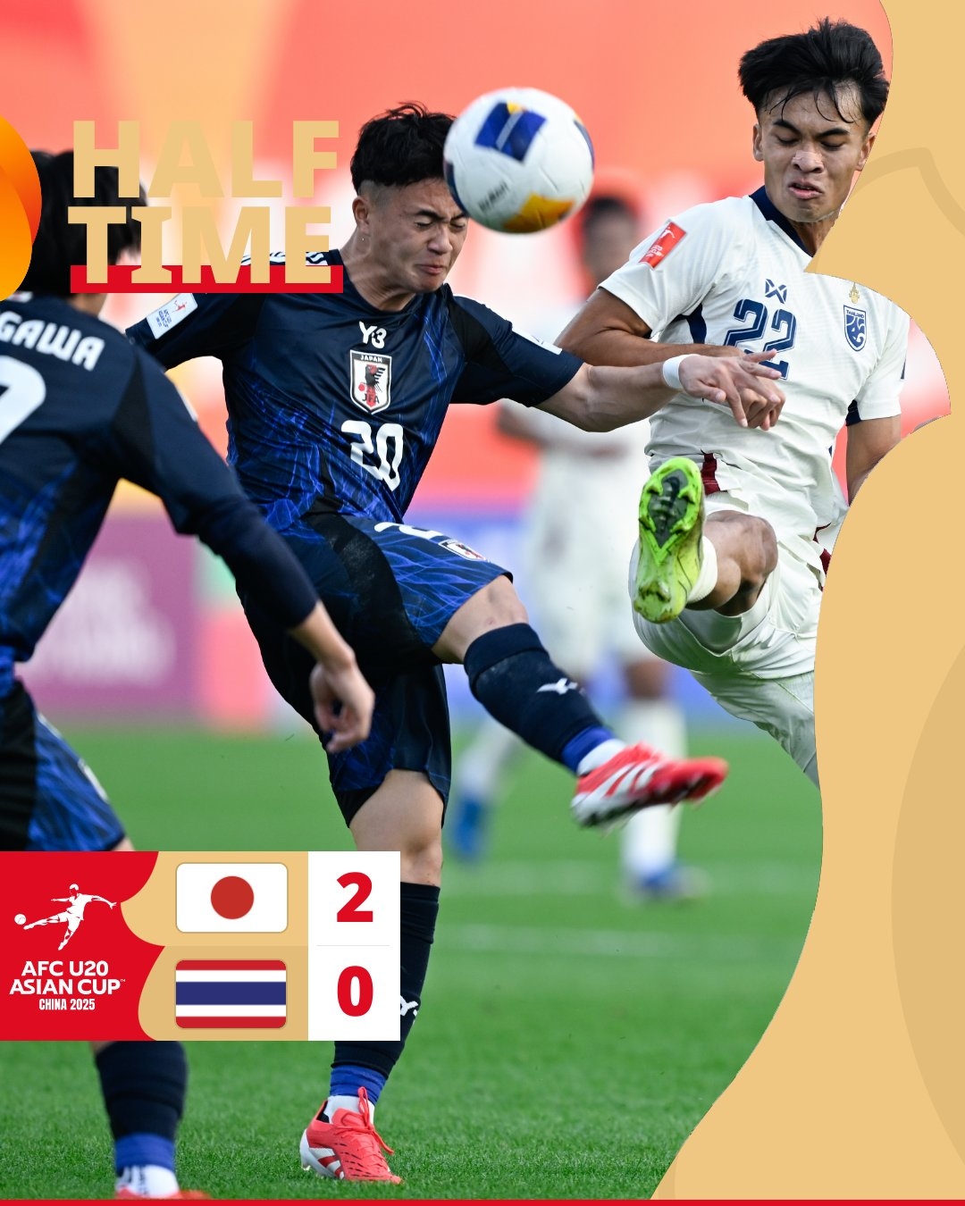  半場-日本U20 2-0領(lǐng)先泰國U20，石井久繼破門+中柱 泰國0射正