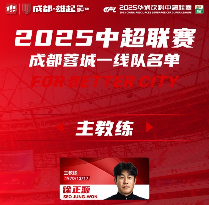  成都蓉城一線隊大名單出爐！