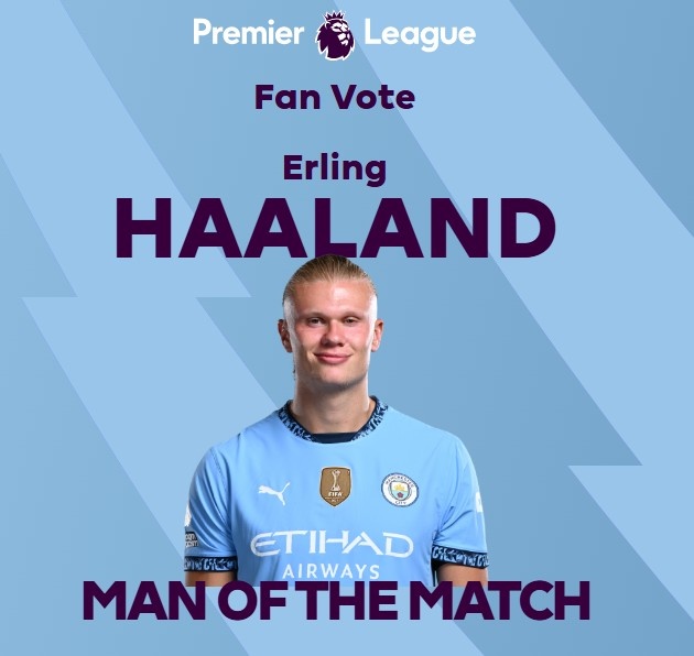  打進致勝球！英超官方：哈蘭德當選曼城1-0熱刺全場最佳球員