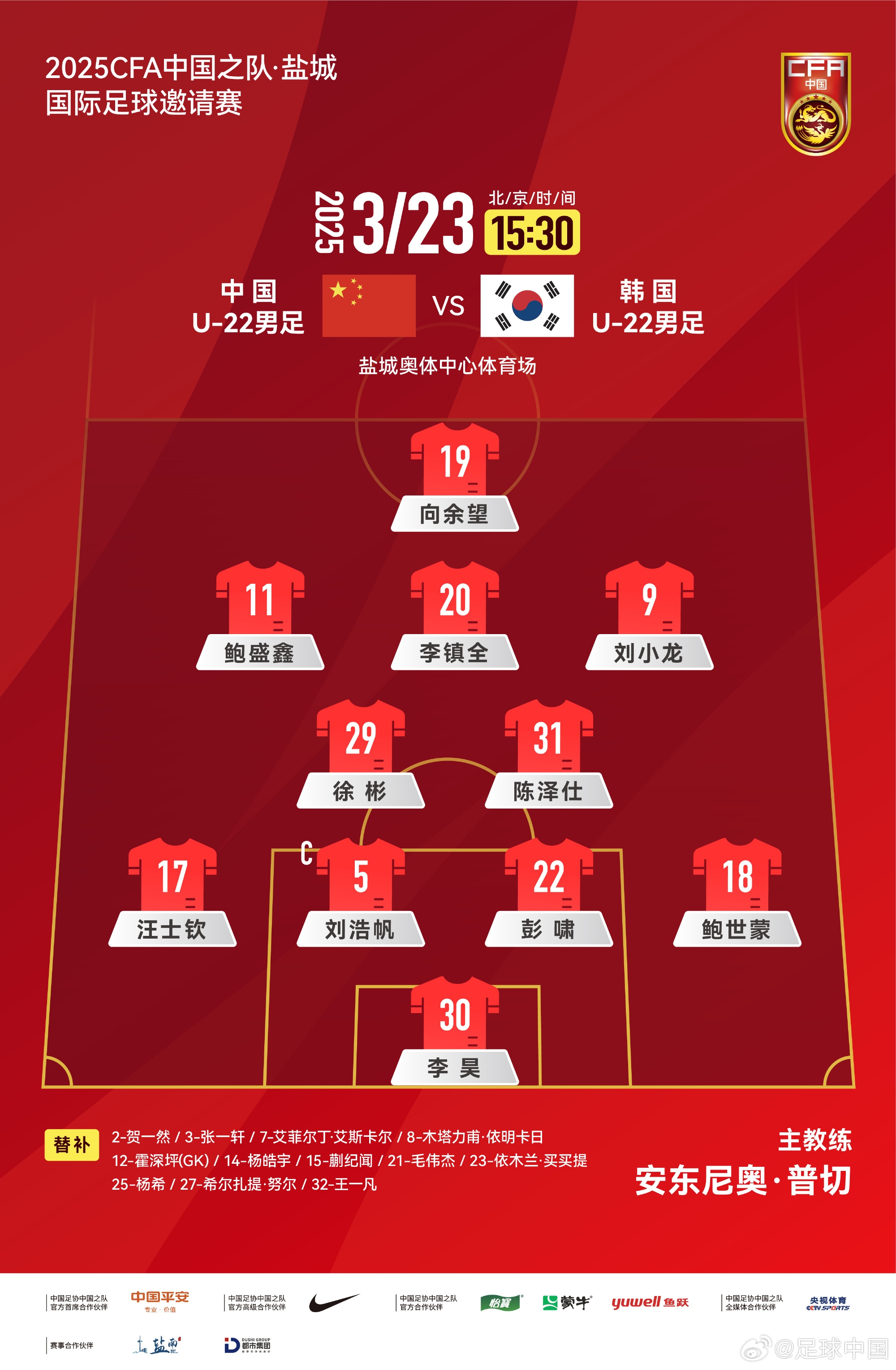  鹽城四國(guó)賽，中國(guó)U-22男足對(duì)陣韓國(guó)U-22男足，中國(guó)隊(duì)首發(fā)陣容