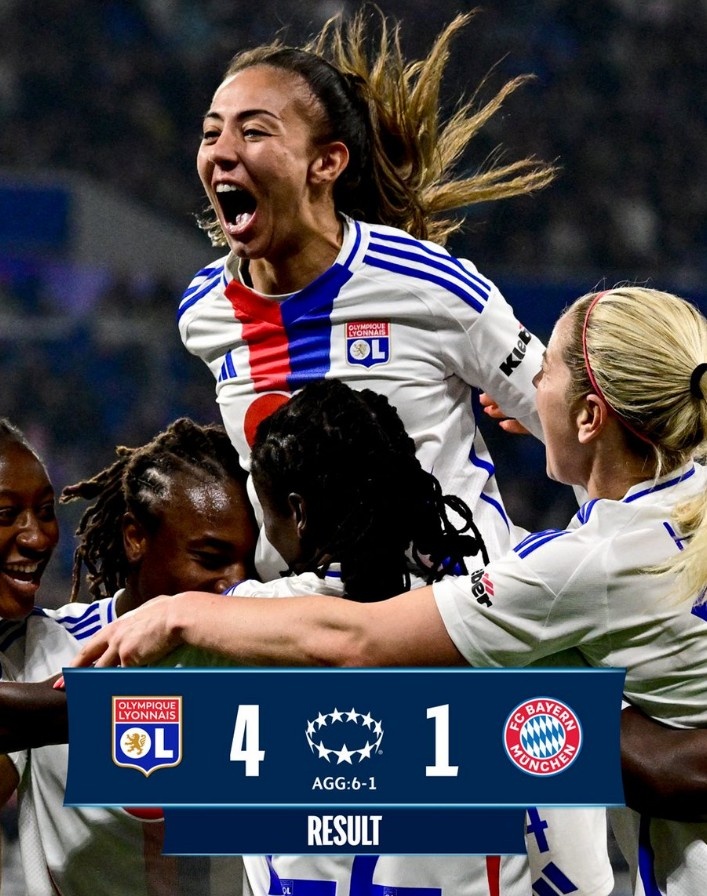  里昂女足4-1大勝拜仁女足，總比分6-1晉級(jí)女足歐冠半決賽